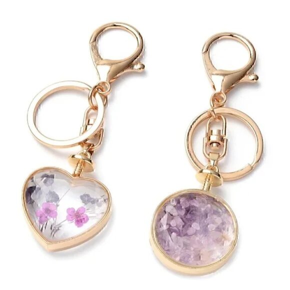 Set of 2 Keychains Amethyst Chips & Lavender Dried Flowers - Picture 1 of 12